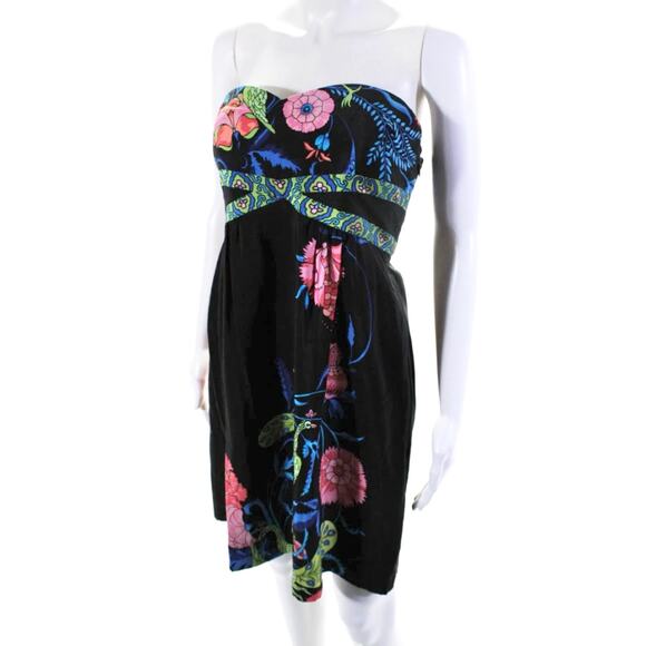 Tibi Palm Beach Floral Garden Peacock Print 100% Silk Black Strapless Dress 8 - Picture 3 of 8